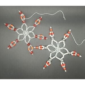 2 Vintage Beaded Snowflakes Holiday Christmas Ornaments Handmade Red Pearl